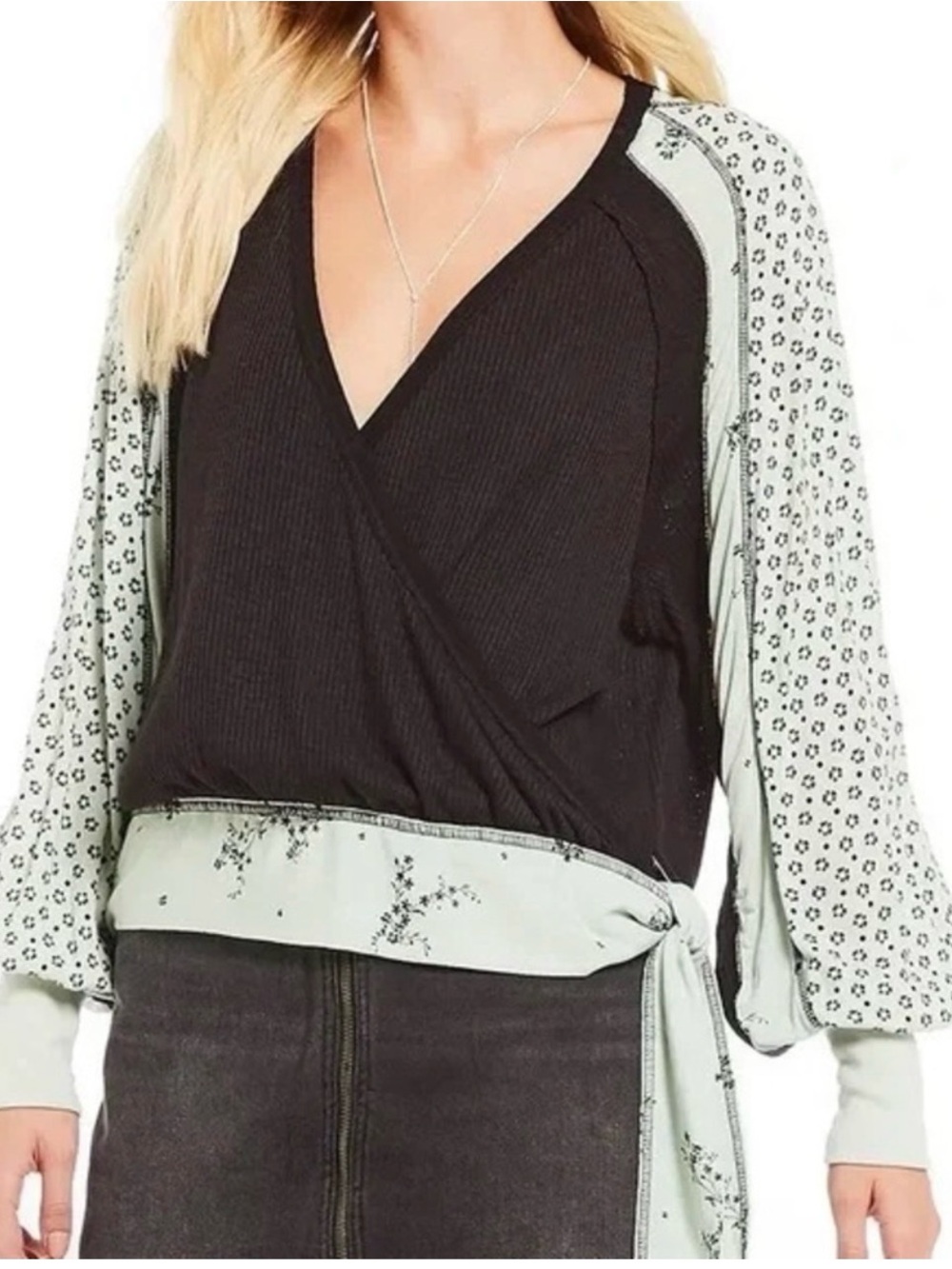 Free People Black Wrap Top with Mint Floral Sleeves